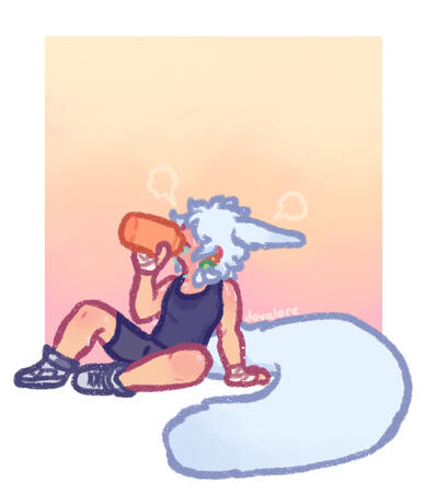 dovae sitting on the ground drinking out of an orange flask